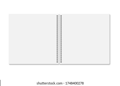 Blank white notebook opened, above view. Vector mock up ESP 10. Vertical blank spiral copybook, diary or organizer with shadow on white.