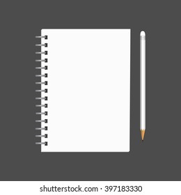 Blank white notebook with pencil,  business or education concept, mock up. Vector, EPS10