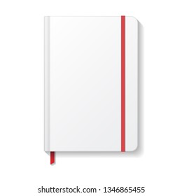 Blank white notebook with red elastic and ribbon bookmark mockup template. Isolated on white background with shadow. Ready to use for your design or business. Vector illustration.