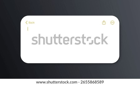 Blank white notes interface for digital diary and quick memo. Minimalist ui design with text cursor, share arrow.