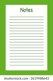 Blank white notes page with green lines, on a green background, vector