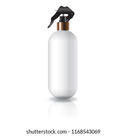 Blank white oval round cosmetic bottle with black spray head for beauty product packaging. Isolated on white background with reflection shadow. Ready to use for package design. Vector illustration.