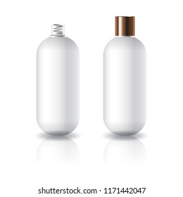 Blank white oval round cosmetic bottle with plain screw lid for beauty product packaging. Isolated on white background with reflection shadow. Ready to use for package design. Vector illustration.