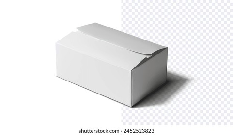 Caja de embalaje blanca en blanco sobre fondo transparente. Una caja de embalaje blanca prístina con una tapa abierta, lista para la marca y el diseño, presentada sobre un fondo transparente. Ilustración vectorial