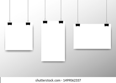 Blank white page hanging against grey background. Affiche, paper sheet hanging on a clip. Vector advertising banner mockup stand exhibit. Vector illustration.