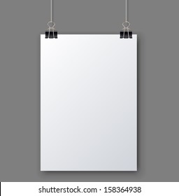 Blank white page hanging against grey background vector template.