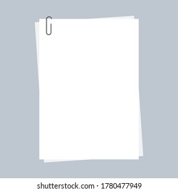 Blank white paper with black paper clip. Flat vector illustration.