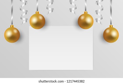 Blank white paper with christmas balls and shiny ribbon on gray background. Vector illustration