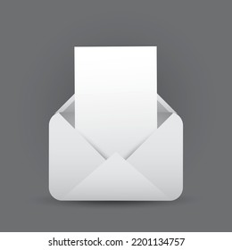 Blank White Paper in an Envelope - Mail, E-Mail, Message Arrival Concept on Grey Background - Illustration in Editable Vector Format