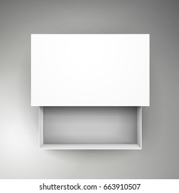 blank white paper flat half open box with separate lid 3d illustration, can be used as design element, isolated bicolor background, top view