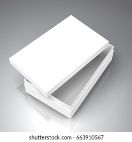 blank white paper flat half open left tilt box with separate lid, 3d illustration, can be used as design element, isolated bicolor background, elevated view