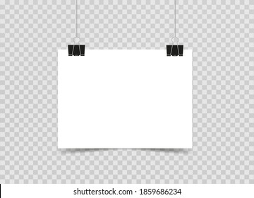 Papel blanco en blanco en blanco colgado en dos clips. Tragedia por tu diseño. Vector 3d realista. hoja de papel. Plantilla en blanco de póster. Banner horizontal con una sombra sobre un fondo transparente. EPS10.