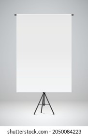 Blank White Paper Hanging On A Black Stand. Photo Studio Backdrop, Realistic Vector Illustration. Flip Chart Paper Mockup Background.