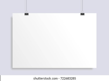 Blank white paper hanging on two office clip. Mock up template for your design. Horizontal empty sheet. Show your flayers, brochures, headlines. Vector illustration