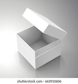 blank white paper left tilt half open box with slanting separate lid 3d illustration, can be used as design element, isolated bicolor background, elevated view