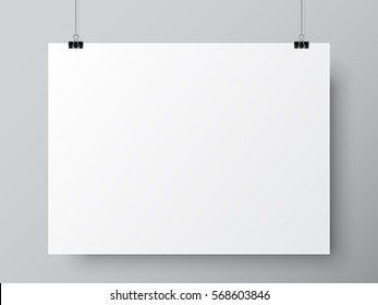 Blank white paper list hanging on two pins. Poster mock-up template