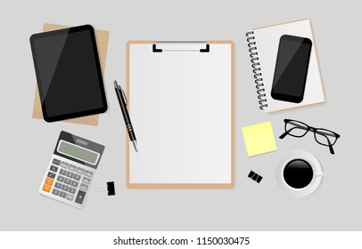 Blank white paper on clipboard with digital tablet, notebook, pen, black metallic paper clips, calculator, coffee cup, eyeglasses and smartphone on gray background. Vector illustration