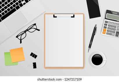 Blank white paper on clipboard with laptop, pen, black metallic paper clips, calculator, coffee cup, eyeglasses and smartphone on gray background. Vector illustration