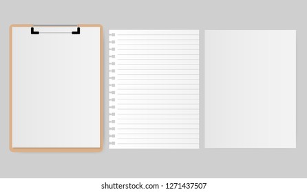 Blank white paper on clipboard and set of blank note paper with space for text on gray background. Vector illustration