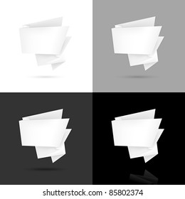 Blank white paper origami speech bubble with black shadow and reflection on white, gray, black background. This vector illustration created in the technique of mesh