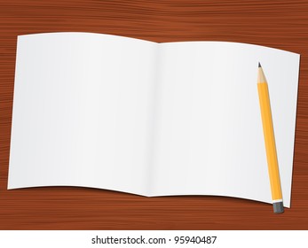Blank white paper and pencil on the wooden desk, vector eps10 illustration