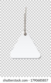 Blank white paper price tag isolated on transparent background. Triangular shape label with ropes. Cardboard empty style sticker for sale or gift hanging on string. Vector realistic template