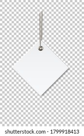 Blank white paper price tag isolated on transparent background. Rhombus shape label with ropes. Cardboard empty style sticker for sale or gift hanging on string. Vector realistic template