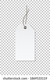 Blank white paper price tag isolated on transparent background. Rectangular shape label with ropes. Cardboard empty style sticker for sale or gift hanging on string. Vector realistic template