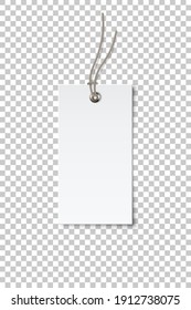 Blank white paper price tag isolated on transparent background. Rectangular shape label with ropes. Cardboard empty style sticker for sale or gift hanging on string. Vector realistic template