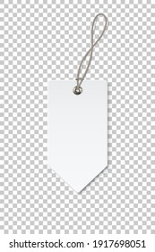 Blank white paper price tag isolated on transparent background. Rectangular shape label with ropes. Cardboard empty style sticker for sale or gift hanging on string. Vector realistic template