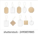 Blank white paper price tags or gift tags in different shapes. Set of labels. Vector