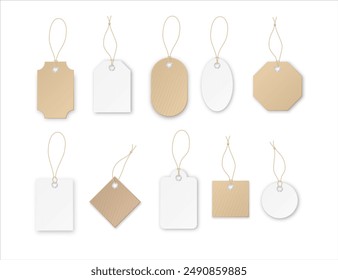 Blank white paper price tags or gift tags in different shapes. Set of labels. Vector