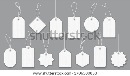 Blank white paper price tags or gift tags in different shapes. Set of labels with cord. Stockfoto © 