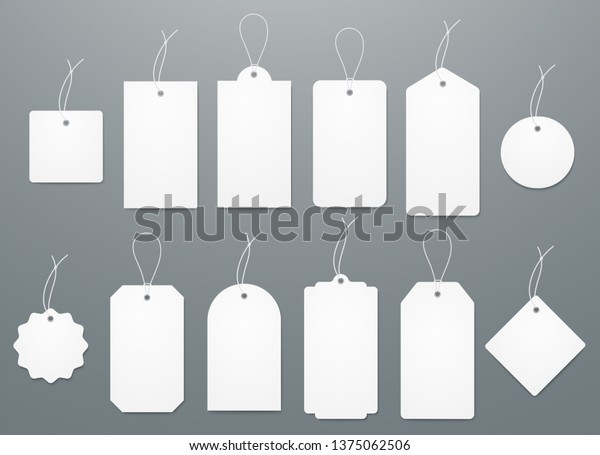 Blank white paper price tags or gift
tags in different shapes. Set of labels with
cord.