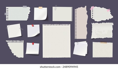 Papel blanco en blanco con pasador, Clip de papel y cinta adhesiva. Hoja de notas, nota adhesiva, página de cuaderno, pedazo de papel rasgado. Plantillas para el mensaje de nota. Ilustración vectorial. Fondo aislado