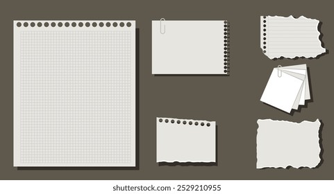 Papel branco em branco com pino de pressão, clipe de papel e vetor adesivo ilustração design fundo 