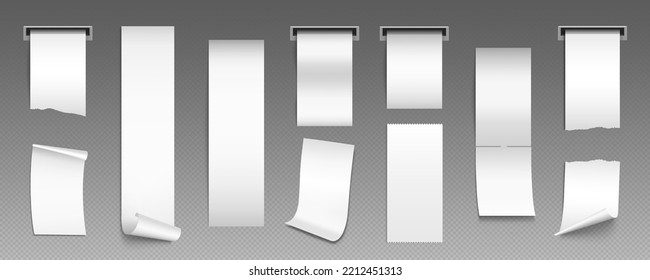 Blank white paper receipts in slot of pos or atm machine. Empty cash checks of purchases in store or supermarket, payment bills mockup isolated on transparent background, vector realistic set