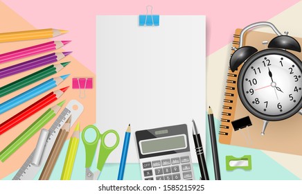 Blank white paper with school supplies on pastel color background, Back to school concept. Vector illustration