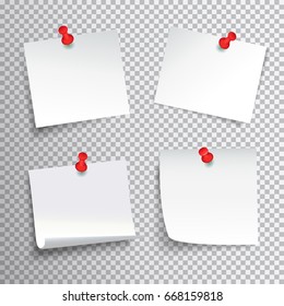 Blank white paper set pinned with red pushpins on transparent background realistic isolated vector illustration