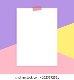 Blank white paper with shadow, sticker Pastel Colorful soft pink violet yellow background A4 format mockup template. Vector abstract decoration modern trendy design banner social media web site poster