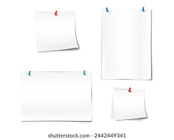 Blank white paper sheet attached to wall with push pin. Mock-up set. Memo reminder poster with pushpin. Vector mockup