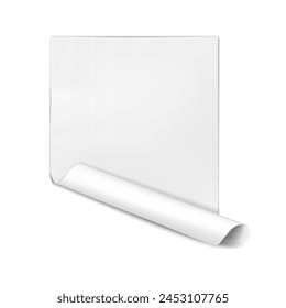 Blank white paper sheet with curled corner mock-up. Realistic folded paper page vector mockup. Sticky label turn template for design