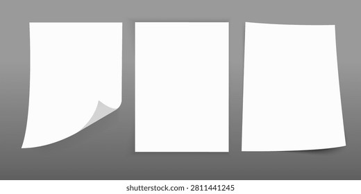 Blank White Paper Sheet Mockup Collection with Curled Corner, Flying Page and Folded Leaflet in Motion Vector Illustration
