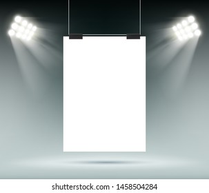 Blank white paper sheet template hanging on wall. Empty affiche or banner mockup. Vector background.