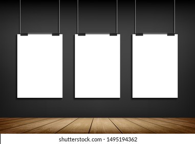 Blank white paper sheet template hanging on wall. Empty affiche or banner mockup. Vector background.