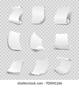 Blank white paper sheets 3D rolls or curved corners vector isolated icons