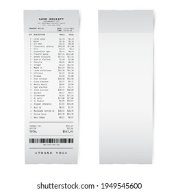 Blank white paper shop check. Template of a bill from supermarket of restaurant