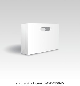 Blank white paper shopping bag or gift bag with punch hole handles mockup template. Isolated on gradient grey  background with shadow. Ready to use for branding design. Realistic vector illustration.