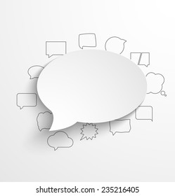 Blank white paper speech bubble with shadow and drawing small bubbles on white background, communication concept. Vector illustration