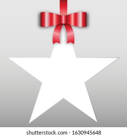 Blank white paper star frame hanging with shiny red ribbon and bow,Vector illustration,banner about valentine's day,holiday,sale,web,happy new year